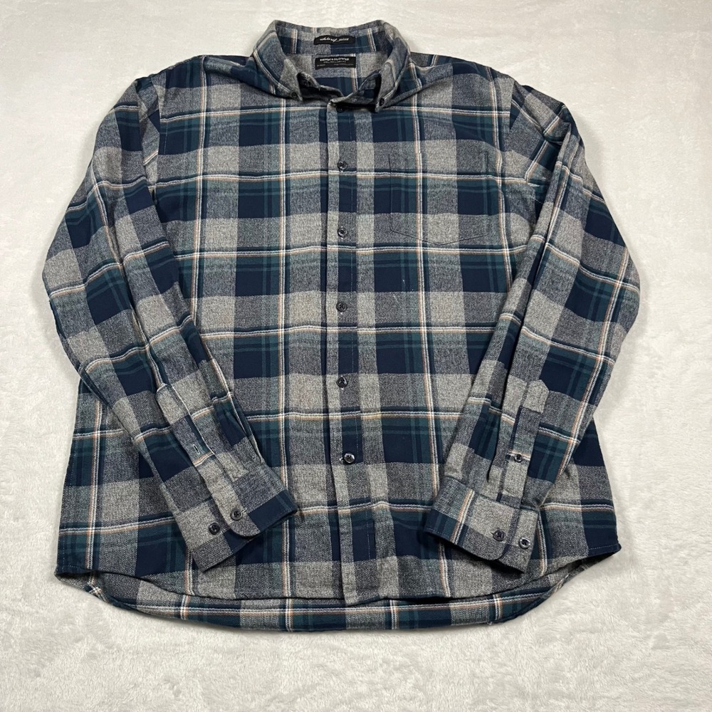 Denim & Flower Mens Large Blue Grey Plaid Flannel Button Down Shirt Cotton L